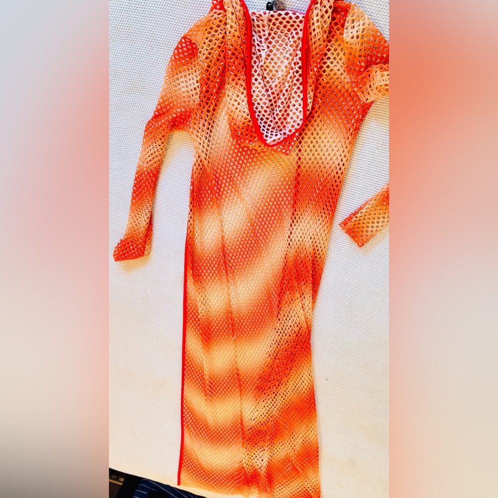 AKIRA Orange & Yellow Open Mesh Swim Coverup Long Maxi Dress w Hood Hooded Robe - Picture 12 of 16